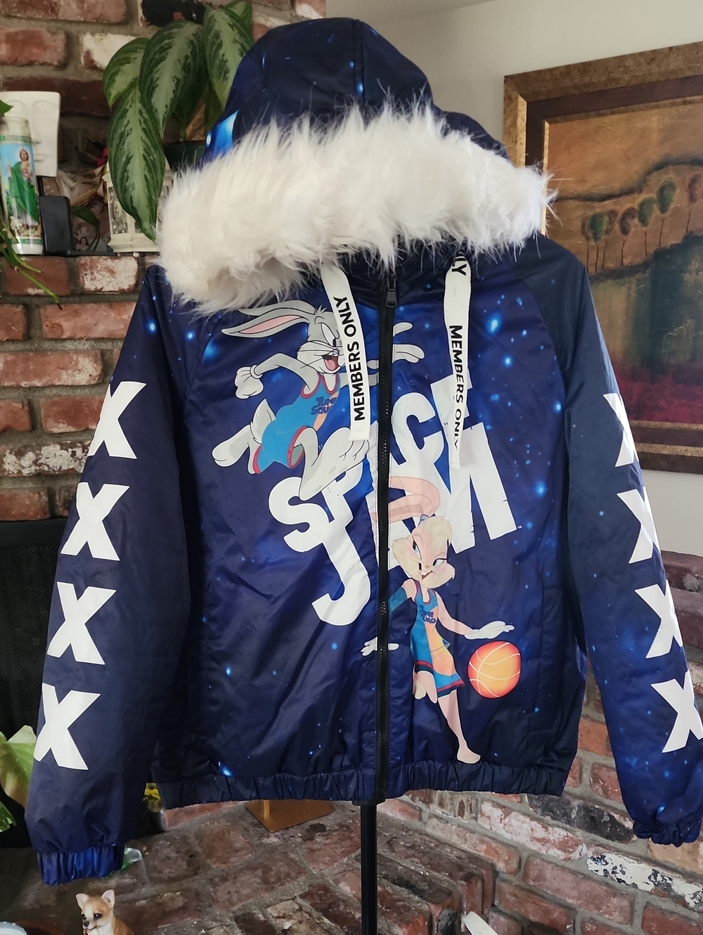Members Only Space Jam Puffer Jacket Faux Fur Hood Bugs Bunny Navy Blue